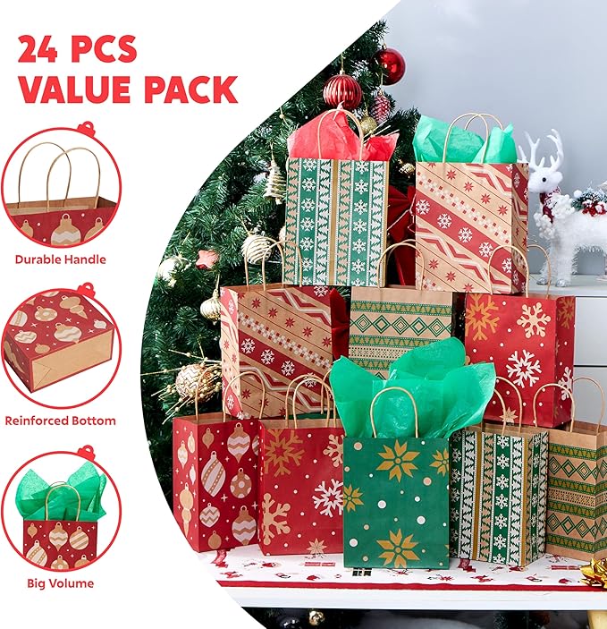 JOYIN 24 PCS Christmas Kraft Bags Holiday Paper Goody Gift Bags with Handles for Xmas Gifts Wrapping Party, Giant Gifts Decorations, Classrooms and Party Favors (Red+Green, 9" x 7.3" x 3.3")