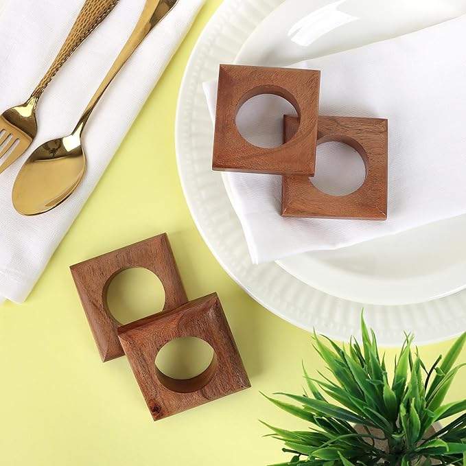 Wooden Napkin Rings Set of 12 Fall Decor for Home Square Acacia Wood Napkin Holders for Dining Table Settings Napkin Ring Rustic Table Décor for Weddings, Parties, Everyday Use (Brown) - CLEENTABLE