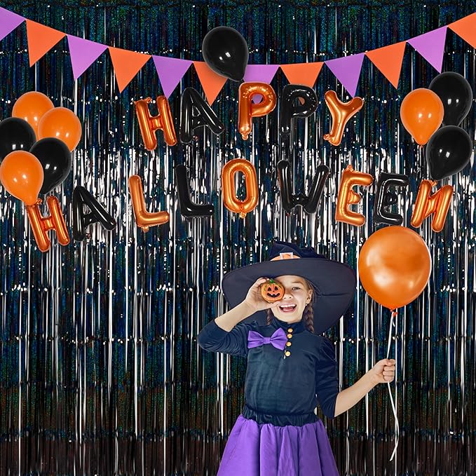 Foil Fringe Curtains Halloween Decor Indoor Party Decorations - Melsan 3 Pack 3.2 x 8.2 ft Black Tinsel Curtain Photo Backdrop for Birthday Decorations Retirement Party Decorations Black