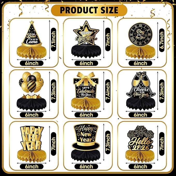 New Years Eve Table Centerpieces 2026 - Black and Gold Honeycomb Table Decorations, New Year's Eve Party Supplies for 2026 NYE Celebration