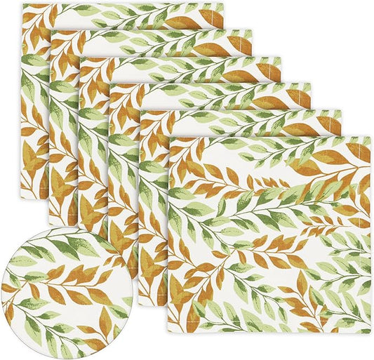 PurpleEssences Fall Harvest Decor Thanksgiving Napkins, 18x18 Fall Cloth Napkins Set of 6, 100% Cotton Autumn Fall Leaves Dinner Napkins for Farmhouse Kitchen, Sage N Autumn