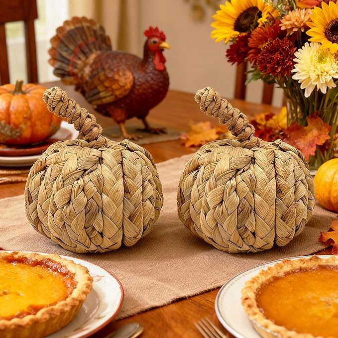 2Pcs of 4Inch Reed Autumn Harvest Small Pumpkins,Serving as Fall Decorations for Thanksgiving & Halloween,are Suitable as Decorative Pumpkins for Table Centerpieces