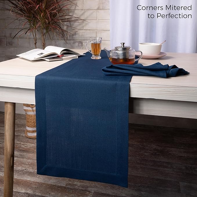 D'Moksha Homes Navy Blue Table Runner 14 x 120 Inch - Faux Linen Dining Table Runner 120 Inches Long - Wrinkle Resistant, Machine Washable for Thanksgiving, Holiday - 100% Recycled Fabric