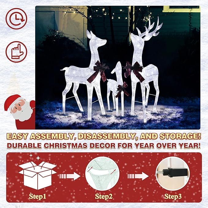 BlueWish Christmas Decorations Outdoor, 3-Piece Sliver Reindeer Christmas Decoration with 200 LED Lights, Pre-lit Outdoor Christmas Decor for Garden, Yard, Porch