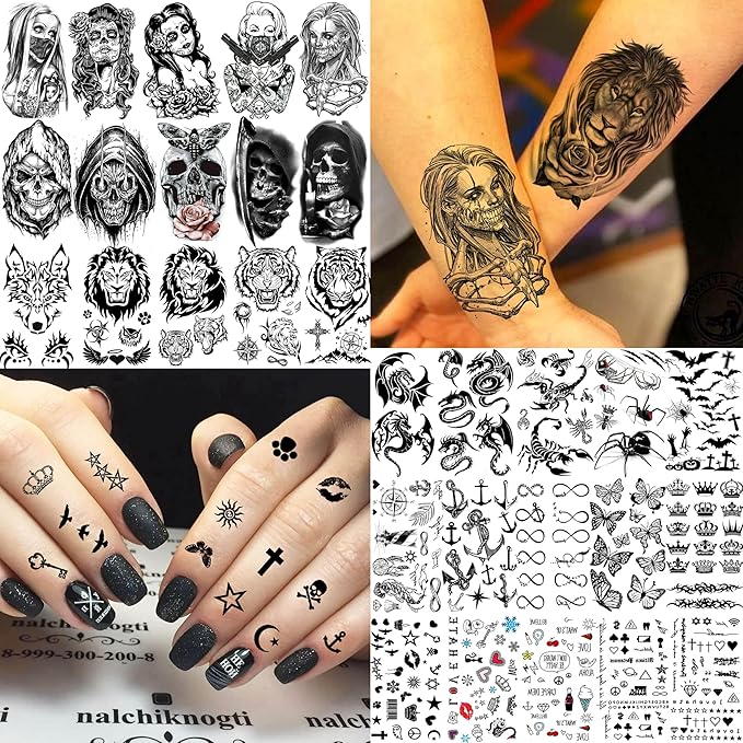 60 Sheets 3D Cool Lion Tiger Temporary Tattoos For Men Women Arm Finger Hands, Small Scary Devil Skull Skeleton Fake Tattoos For Adult Teens Halloween, Black Wolf Dragon Realistic Tatoo Sticker