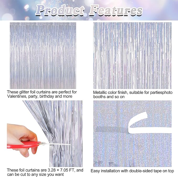 4 Pack Fringe Backdrop, 3.28 FT x 7.05 FT Glitter Silver Tinsel Curtains, Metallic Foil Streamer Disco Fringe Backdrop Party Curtains, Birthday Party Supplies Disco Decorations