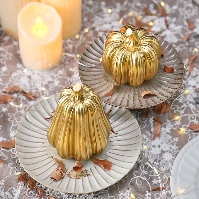 Gold Pumpkin Decor with Stripes, 2Pcs Resin Pumpkins for Decorating, Decorative Pumpkins for Fall Tabletop Decoration, Indoor Home, Autumn Kitchen, Thanksgiving Mantel Decor