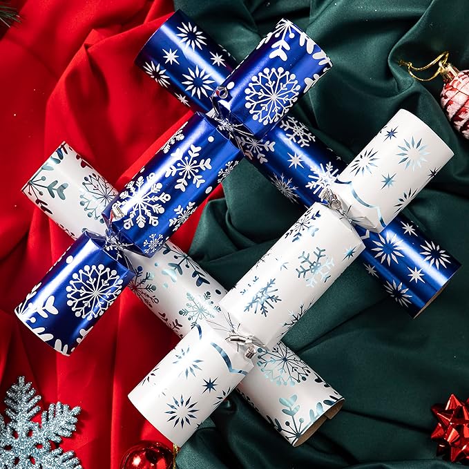 JOYN 8 Pack Christmas Non-Snap Party Table Favor with Blue & White Snowflake Design, with Party Hat, Joke & Little Gift Inside, for Xmas Gift, Christmas Seasonal Holiday Dinner Traditions