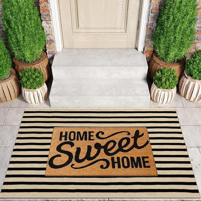 KIMODE Black and Khaki Striped Outdoor Rug 3'x 5', Washable Fall Patio Rugs, Cotton Woven Farmhouse Welcome Layered Door Mats for Front Door Entryway Thanksgiving Autumn Decorations