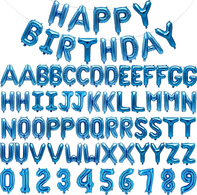 75pcs 16" Happy Birthday Balloon Banner, Blue Balloons Letters, Personalized Mylar Foil Birthday Decorations includes 2 Sets A- Z, 1 set Number 0-9 "HAPPY BIRTHDAY" letters