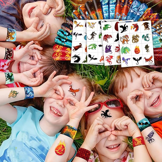 72PCS Dragon Party Set | 48PCS Temporary Pre-cut Tattoos & 24PCS Slap Bracelets Fun Fantasy Themed Birthday Supplies, Baby Shower Gifts, Classroom Rewards & Party Decor for Kids (Boys & Girls)