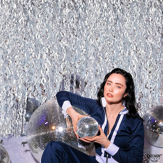 KatchOn, XtraLarge Wavy Silver Backdrop Curtain - Pack of 2 | Silver Streamers Backdrop for Disco Party Decorations | Fringe Curtains for Engagement, 25th Anniversary, 25th Birthday Decorations