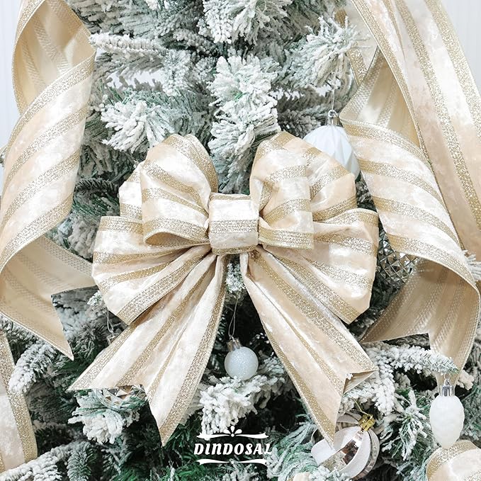 Champagne Velvet Wired Ribbon with Glitter Stripe 4 Inch Extra Wide Crushed Velvet Christmas Ribbon, 10 Yards for Gift Wrapping, Crafts, Tree Decorations, Wreaths, Garlands