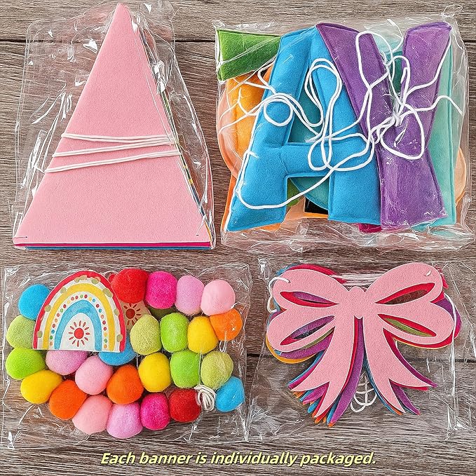 Happy Birthday Banner Set- Pre Strung Reusable Felt 3D Happy Birth Day Sign Banner, Pompom Garland, Bunting Flags and Bow Garland for Birthday Party Decorations for Women Men Boys Girls
