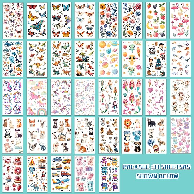 Tattoos for Kids, 350+ Mixed Styles (37 Sheets) Temporary Tattoos Stickers Set Gift for Girls and Boys, Space Dinosaur Animals Butterfly Tattoos for Kids Birthday Party Supplies