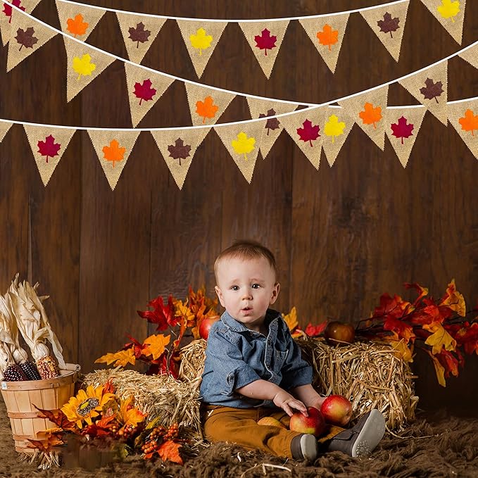 24Ft Fall Burlap Banner Fall Maple Leaves Burlap Pennant Triangle Flag Garland Streamers Vintage Fireplace Wall Hanging for Fall Party Decorations Happy Fall Day Rustic Autumn Birthday Decorations