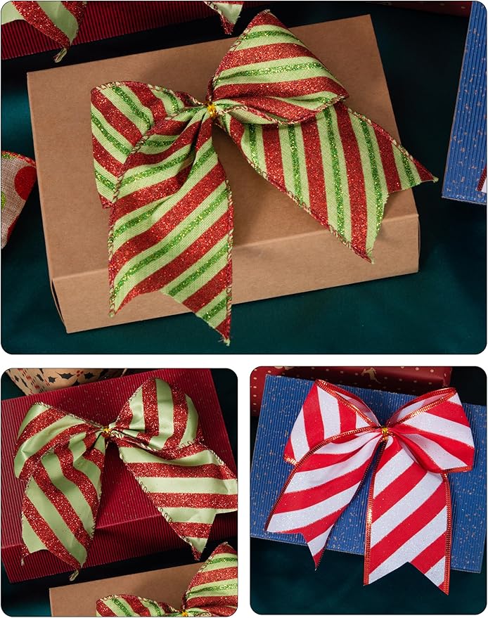 SIMISI RIBBON Christmas Tree Bows Wreaths Graland Xmas Party Decorations Red Green Stripe Ornaments (6 * 6 Inches, 12 Pcs)