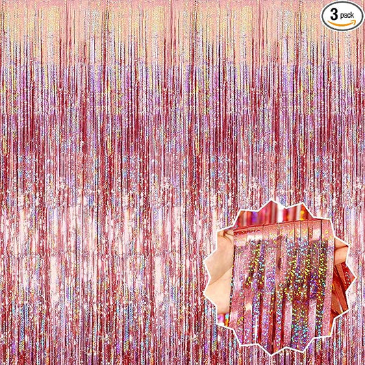 3 Pack Rose Gold Foil Fringe Curtains Backdrop, 3.28 x 8.2 Ft Metallic Streamers Tinsel Curtains Background for Photo Booth, Birthday, Christmas, Halloween, Thanksgiving, New Year Party Decorations