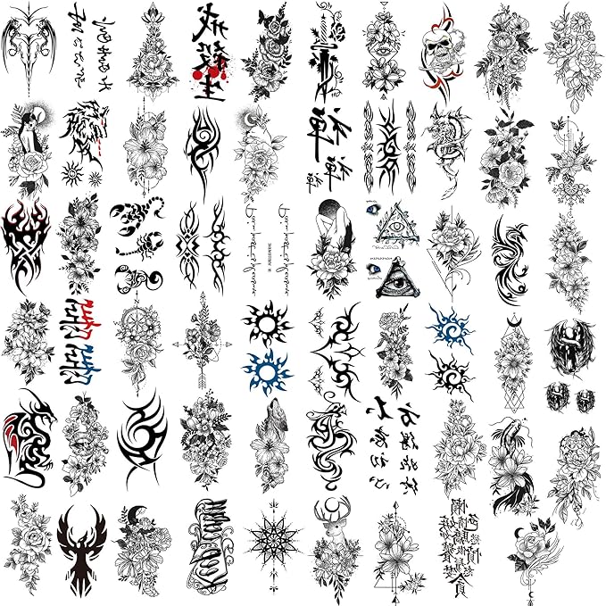 60 Sheets Temporary Tattoos Adult Black Fake Tattoos Oriental Totem Love Flower unisex (60PCS Totems and flowers)