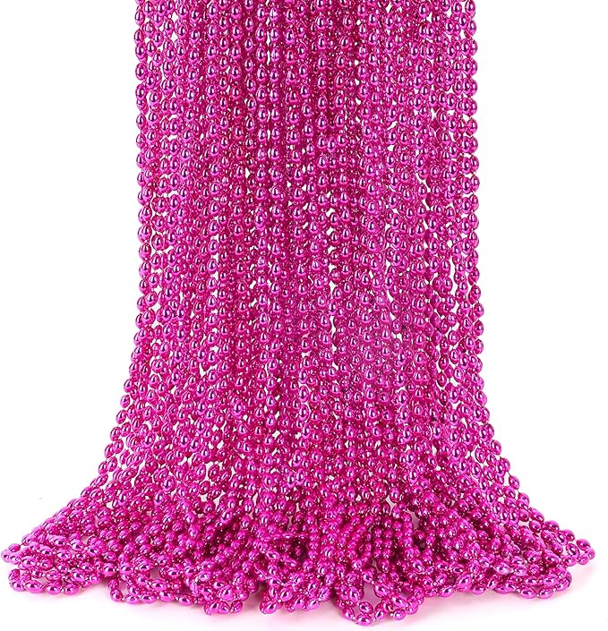 24PCS Breast Cancer Awareness Necklaces, Oval Breast Cancer Beaded Necklace Accessories, Metallic Hot Pink Mardi Gras Beads Necklaces for Gender Reveal Wedding Party Favors Decorations