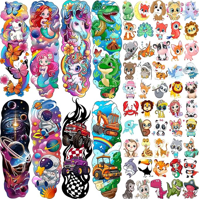 58 PCS Unicorn Mermaid Full Arm Temporary Tattoo For Kids Girls Boys, Dinosaur Car Space Monster Truck Animals Butterfly Body Face Fake Arm Sleeve Tattoos Stickers, Goodie Bags Stuffers Party Supplies