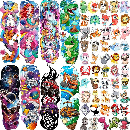 58 PCS Unicorn Mermaid Full Arm Temporary Tattoo For Kids Girls Boys, Dinosaur Car Space Monster Truck Animals Butterfly Body Face Fake Arm Sleeve Tattoos Stickers, Goodie Bags Stuffers Party Supplies