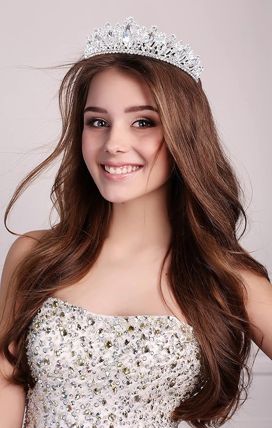 Oriamour Glamorous Crystal-Studded Wedding Crown with Leafy Accents and Combs (Silver, Normal)