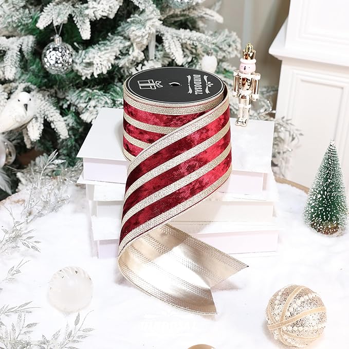 Burgundy Velvet Wired Ribbon with Champagne Glitter Stripe 4 Inch Crushed Velvet Extra Wide Christmas Ribbon, 10 Yards for Gift Wrapping, Crafts, Tree Decorations, Wreath Supplies, Garlands