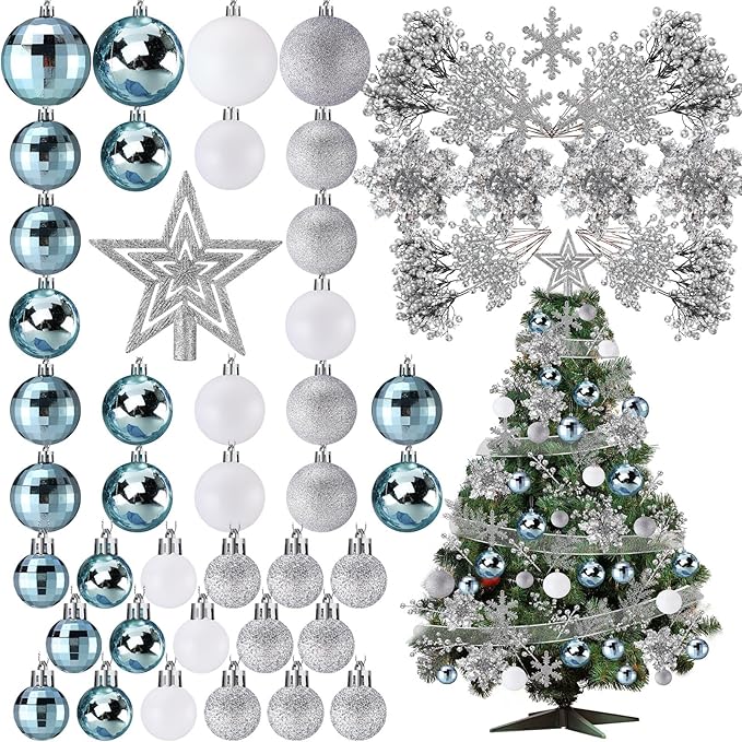 Sratte 94 Pcs Christmas Tree Decorations Set, Christmas Tree Ball Ornaments Glitter Poinsettia Flowers Decorations Glitter Berries Stems for Xmas Holiday Wedding(Blue, White, Silver)