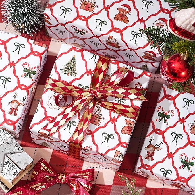 PlandRichW Christmas Wrapping Paper - Red & Green Santa Trellis with Reindeer, Gingerbread, Candy Canes & Teddy Bears - 40×28 Inch Xmas Gift Wrap, 4 Folded Sheets for Kids & Adults