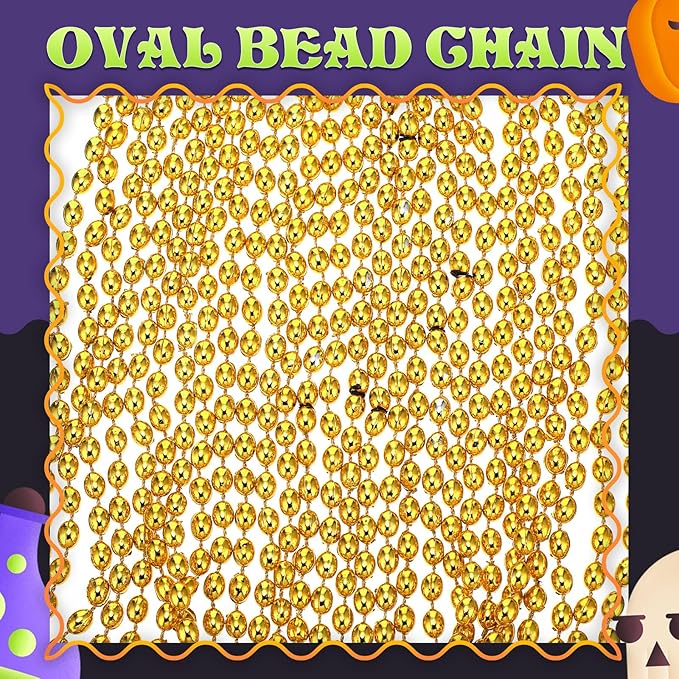 Riceshoot 200 Pcs Gold Bead Necklace Bulk Mardi Gras Oval Beads Necklace Party Favors 33" 7mm Metallic Color Beaded Costume Necklaces for Halloween Christmas Festive Event Accessories