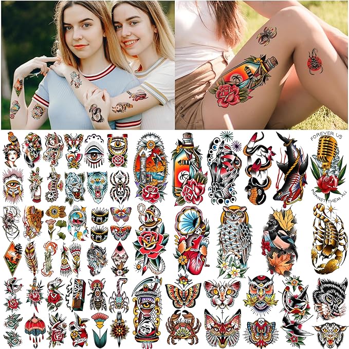 Yazhiji 77sheets Waterproof Fake Tattoo for Men or Women 17sheets Larger Half Arm Owl Peony Butterfly Snake Temporary Tattoos for Boy or Girl And 60 sheets Tiny Flower Tattoo Sticker for Kids