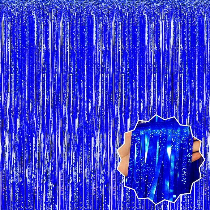 3 Pack Blue Foil Fringe Curtains Backdrop, 3.28 x 8.2 Ft Metallic Streamers Tinsel Curtains Background for Photo Booth, Birthday, Christmas, Halloween, Thanksgiving, New Year Party Decorations