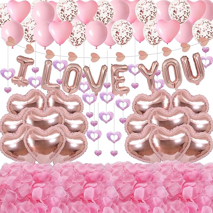 Valentine's Day Decorations 2 Set Rose Gold I LOVE YOU Balloons - 1200pcs Pink Artificial Rose Petals 16" Letter Balloons 18" Heart Foil Latex balloons 10 heart balloons Hanging Swirls Heart Banner