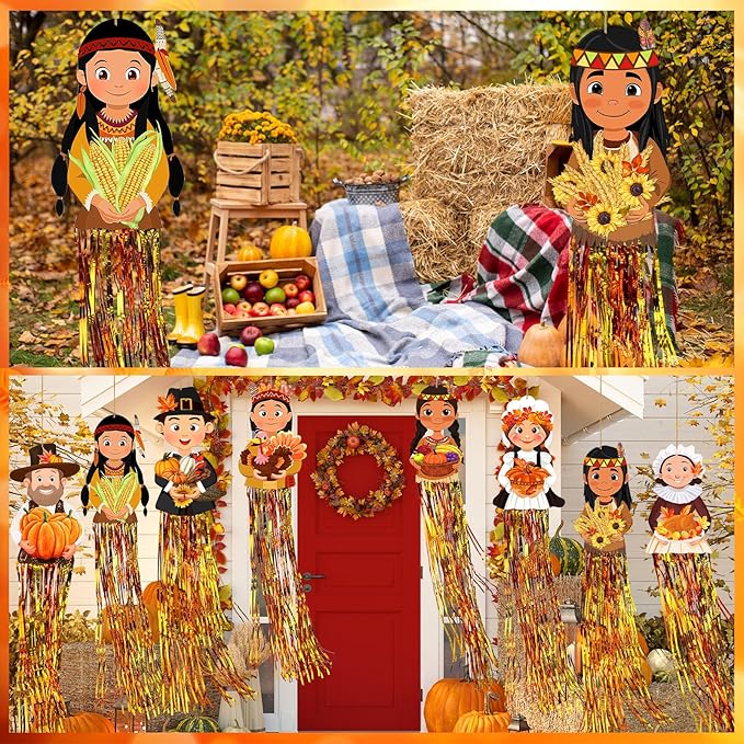 8 Pcs Fall Thanksgiving Pilgrim Outdoor Hanging Decorations with Tassels Autumn Pilgrim Harvest Yard Signs for Farmhouse Festival 3.3 ft Home Lawn Yard Party Supplies Garden Decor