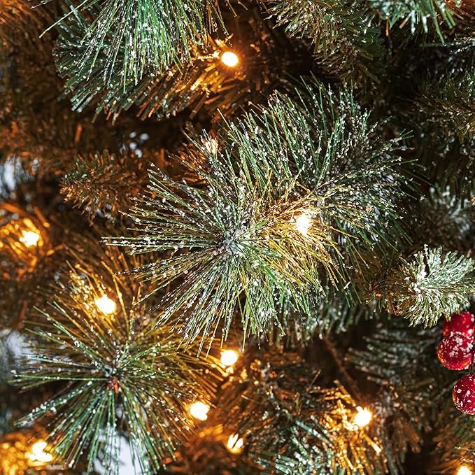 Glitzhome 4ft/5ft/6ft Pre-lit Christmas Trees Set, Artificial Christmas Trees Flocked Potted Christmas Porch Trees for Entrance with Pine Cones, Red Berries, and Warm White Lights