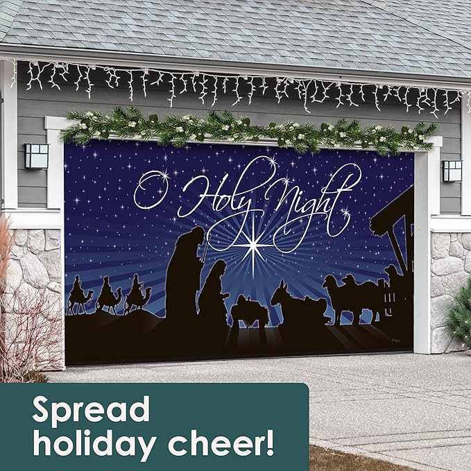 7' x 16' Peaceful O Holy Night Nativity Garage Door Banner - Designed to Move with Door | Sacred Christmas Double Garage Door Decoration