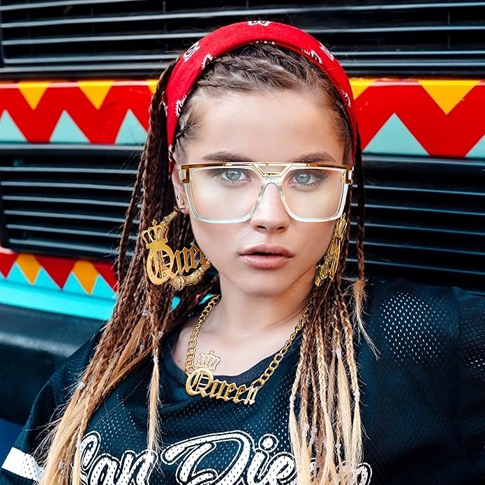 THUNARAZ 80s/90s Hip Hop Queen Costume Kit for Women Rapper DJ Punk Rapper Costume Jewelry Accessories Set