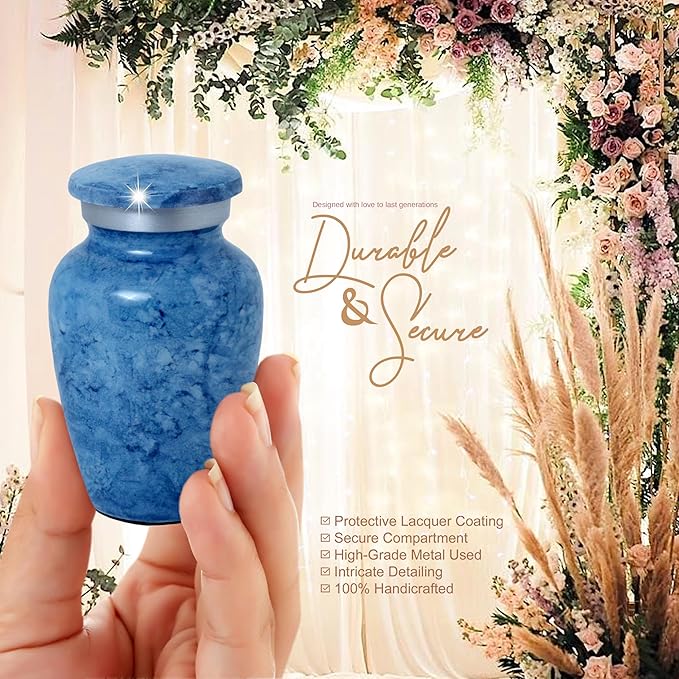 Small Keepsake Urn for Human or Pet Ashes – Handcrafted Light Blue Marble Mini Urn with Velvet Bag & Gift Box | Durable Metal Memorial Token Jar for Baby, Infant, Pet or Loved One – 3 Cu in