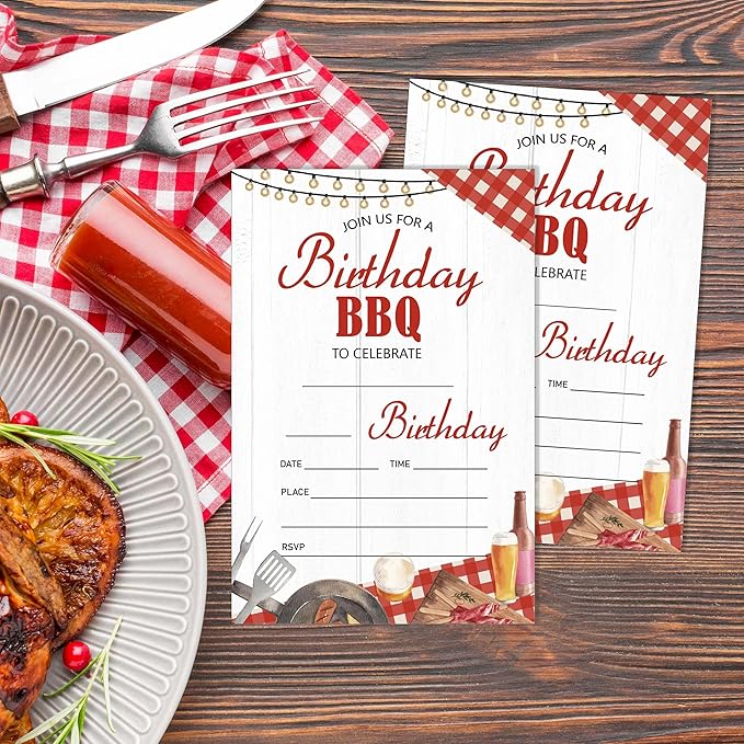 Eronm BBQ Birthday Party Invitation- 20 Pack Girls Birthday Invite with Envelopes- Summer Barbecue Theme Party Invitation Card for Girl- Double Sides Design- Party Decorations Supplies (4''x6'')-B14