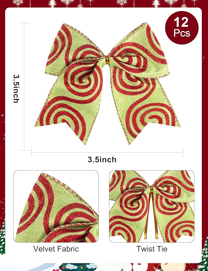 SIMISI RIBBON Christmas Tree Bows Wreaths Graland Xmas Party Decorations Red Green Stripe Ornaments (6 * 6 Inches, 12 Pcs)