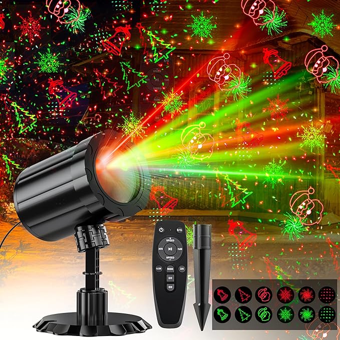 Christmas Projector Lights Outdoor, GUSODOR Red & Green Christmas Pattern Projector with Remote & Timer, IP65 Waterproof Landscape Lights for Indoor Outdoor Christmas Decorations