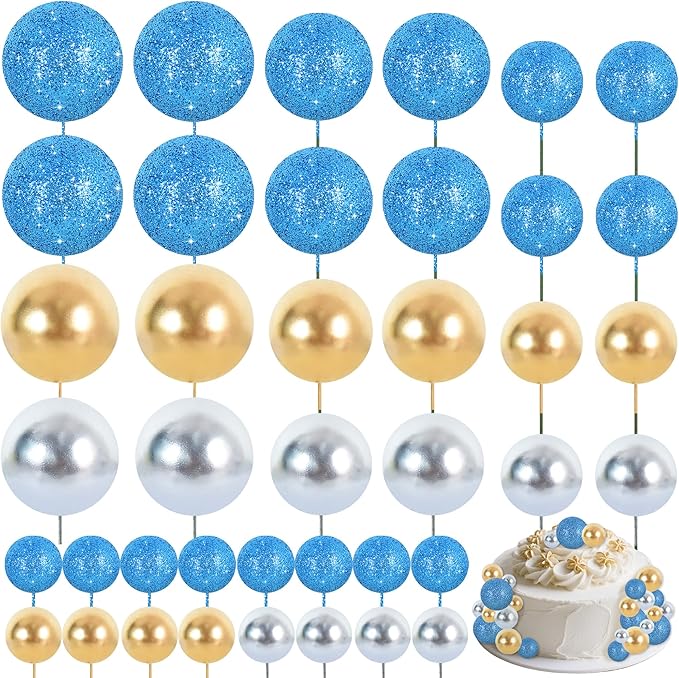BEISHIDA 40 Pcs Foam Ball Shaped Cake Toppers with Sticks Mini Cake Decorations for Birthdays, Weddings, Baby Showers, DIY Baking Supplies, Anniversary Party (Blue, Gold, Silver)