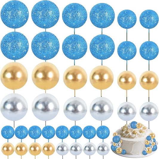 BEISHIDA 40 Pcs Foam Ball Shaped Cake Toppers with Sticks Mini Cake Decorations for Birthdays, Weddings, Baby Showers, DIY Baking Supplies, Anniversary Party (Blue, Gold, Silver)