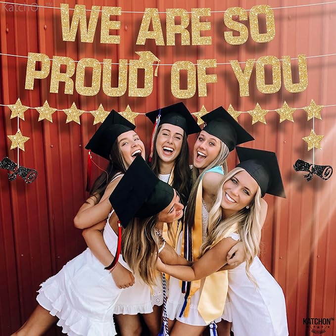 KatchOn, Glitter Gold We are So Proud of You Banner - 10 Feet, No DIY | Pre Strung Black and Gold Graduation Banner for Graduation Decorations 2025 | Class of 2025 Decorations