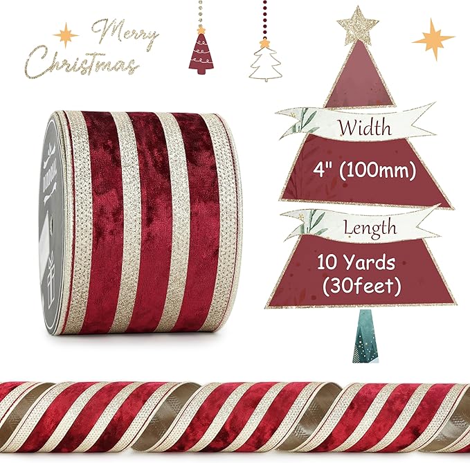 Burgundy Velvet Wired Ribbon with Champagne Glitter Stripe 4 Inch Crushed Velvet Extra Wide Christmas Ribbon, 10 Yards for Gift Wrapping, Crafts, Tree Decorations, Wreath Supplies, Garlands