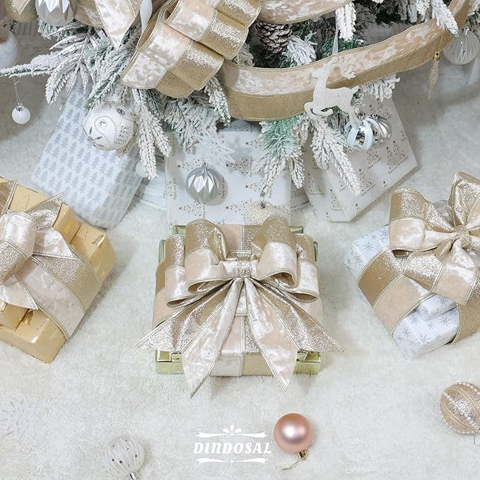 Champagne Velvet and Glitter Wired Christmas Ribbon 4 Inch – 10-Yards Roll for Tree Decorations, Gift Wrapping, Wreaths, and DIY Crafts