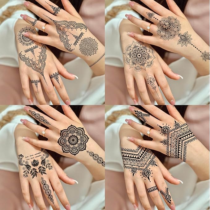 4 Sheets Vintage India Sexy Lace Black Mandala Flower Temporary Tattoos For Women Hand Finger Girls Adults Sets Kits, Wedding Bridal Fake Jewels Tattoo Sticker Lotus Stencils, Party Favor Supplies