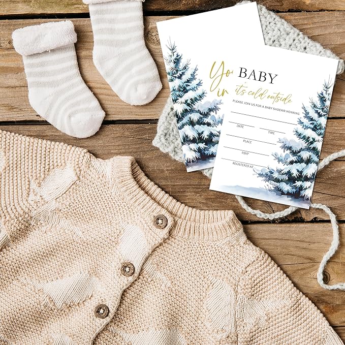 4'' x 6'' Baby It's Cold Outside Baby Shower Invitations - 25 Tree & Snow Invited Cards with Envelopes - Winter Announcement Invites for Boys & Girls, Gender Reveal Party Supplies & Decor -A04