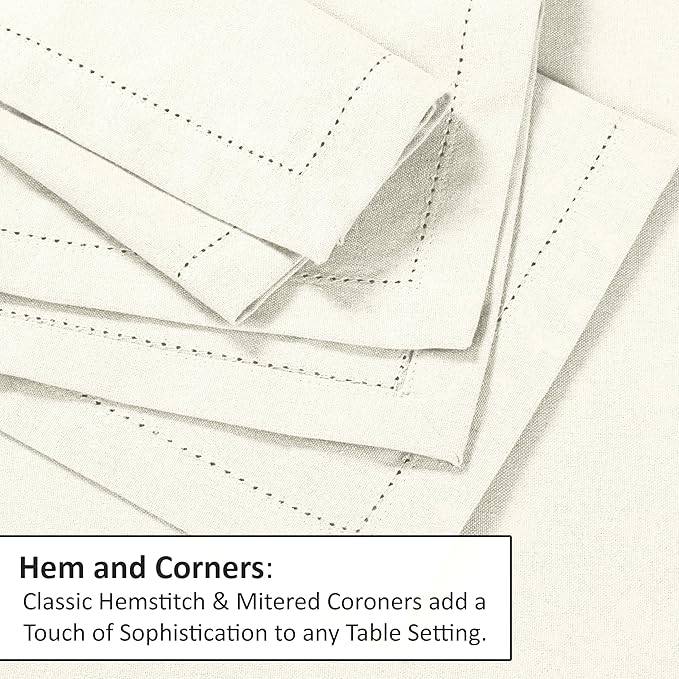 Ruvanti Premium Linen Napkins Set of 4-20x20 Inch, Classic Hemstitch, Mitered Corner Cloth Napkins ‎‎- Soft, Elegant Dinner Napkins Cloth Washable for Weddings, Parties, Everyday Use - Ivory